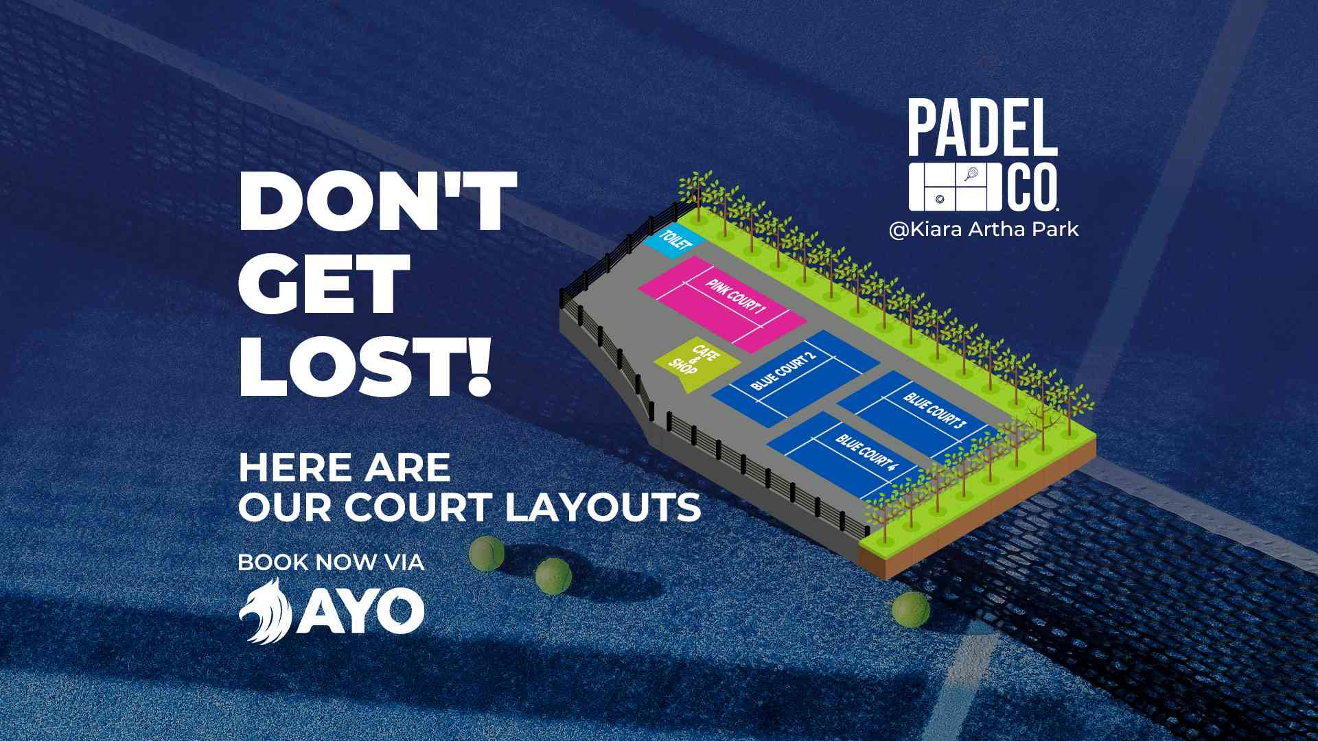 Denah lapangan Padel Co.: 4 panoramic court, kafe, toilet, dan tribun di Kiara Artha Park